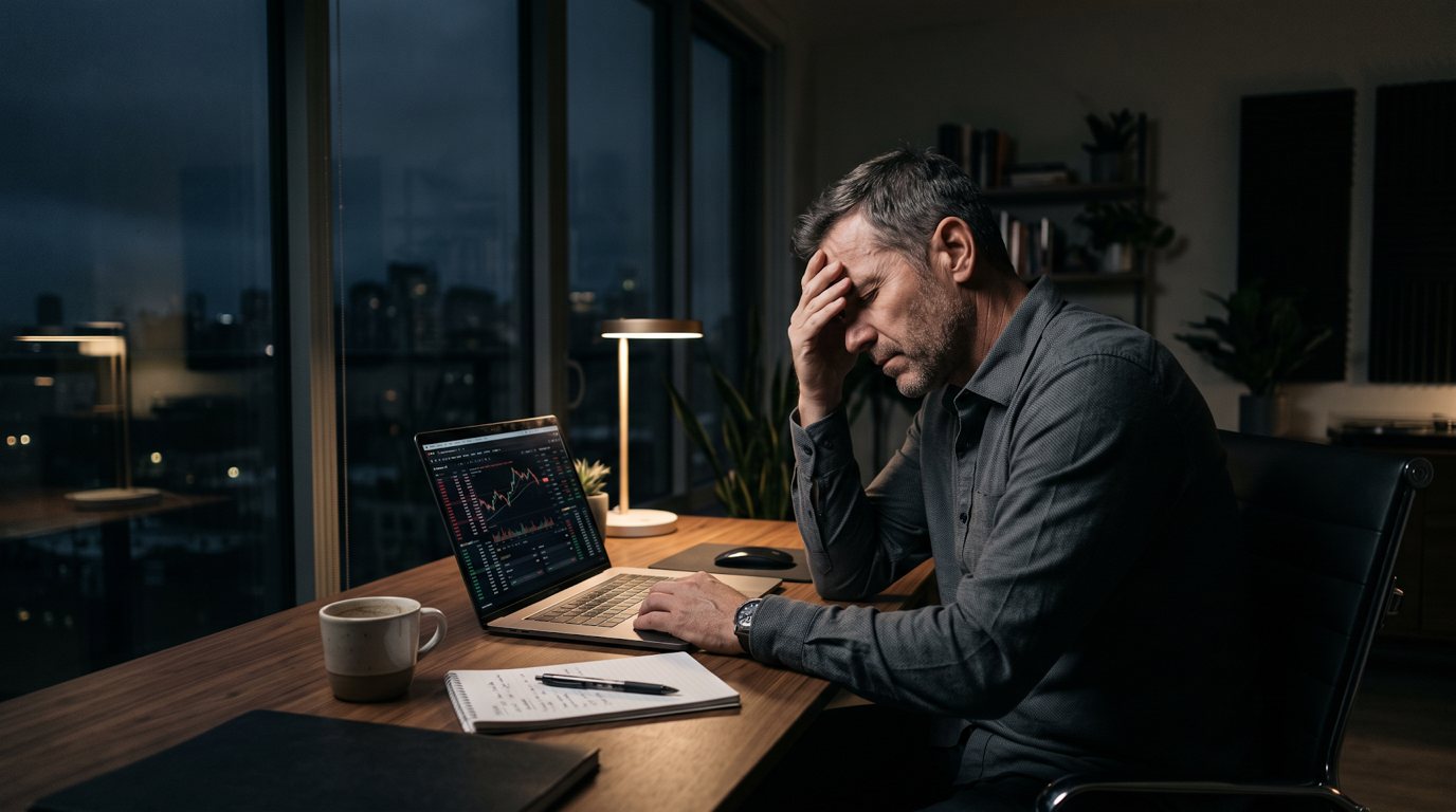 Business owner at his desk late at night after another day of sales calls