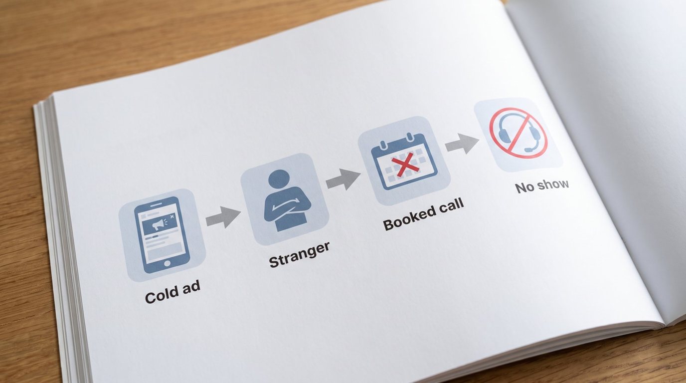 Diagram: cold ad, stranger, booked call, no show