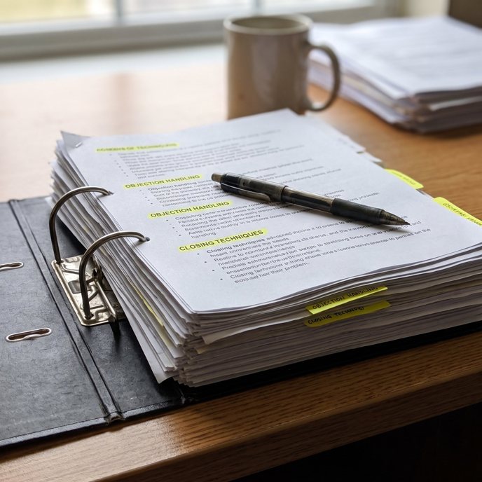 A binder of sales scripts