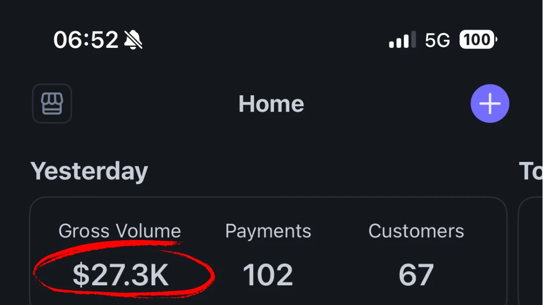 Greg's Stripe app showing $27.3K in a day