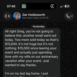 Dar Holdsworth sells $15,000 from an email