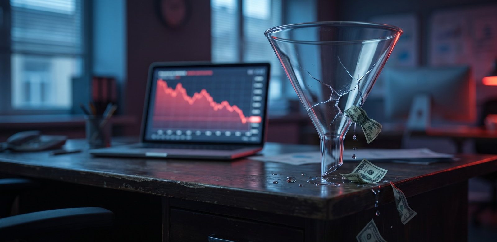 A cracked funnel leaking money onto a desk
