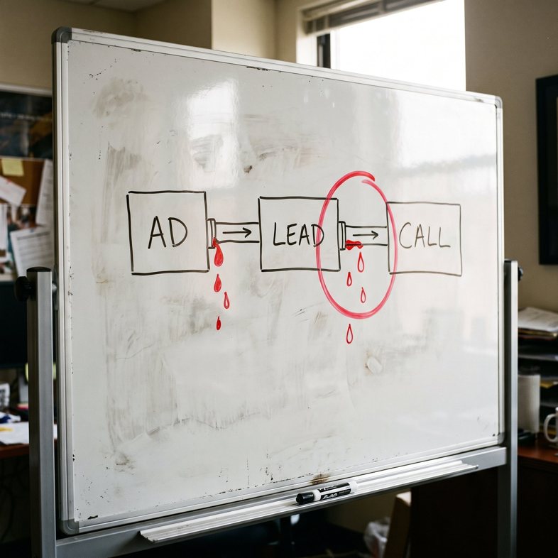 Whiteboard diagram of a funnel leaking between ad, lead and call