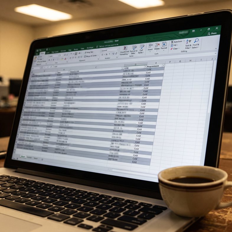 A long list of cold leads on a laptop