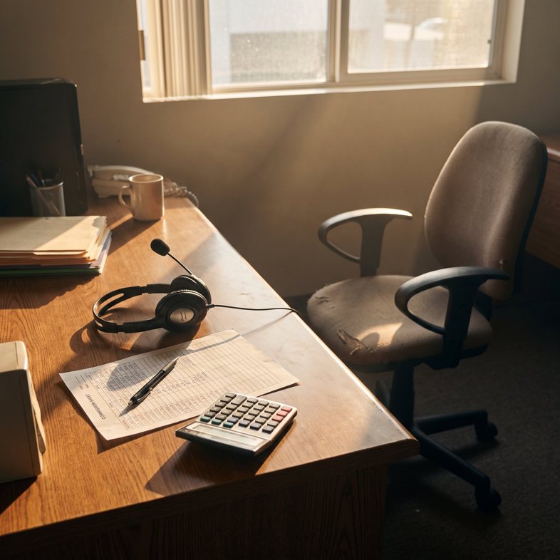 A sales headset and commission sheet on an empty desk